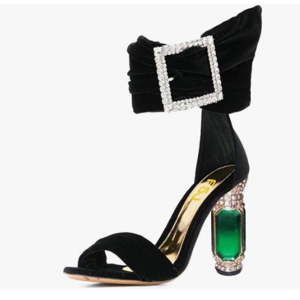 FSJ Black Open Toe Ankle Strap Chunky Crystal High Thick Heels Stylish Sandal